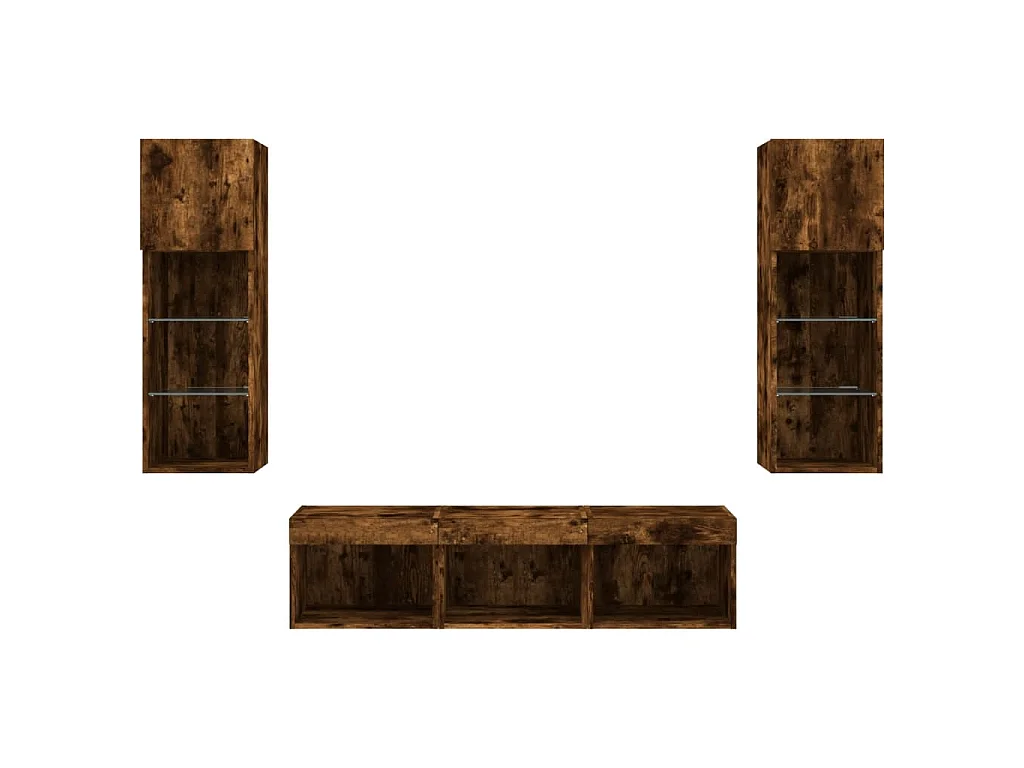 Mobili TV a Muro con LED 5pz Rovere Fumo in Legno Multistrato
