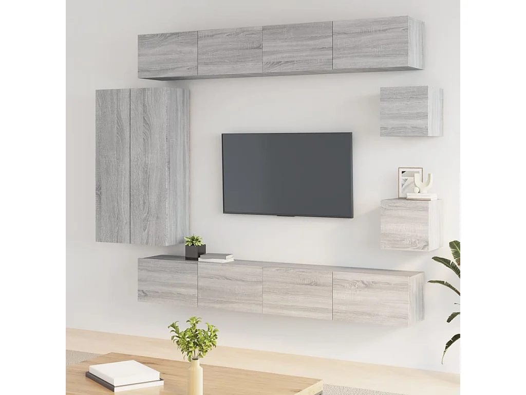 8 pcs conjunto móveis TV derivados de madeira cinzento sonoma