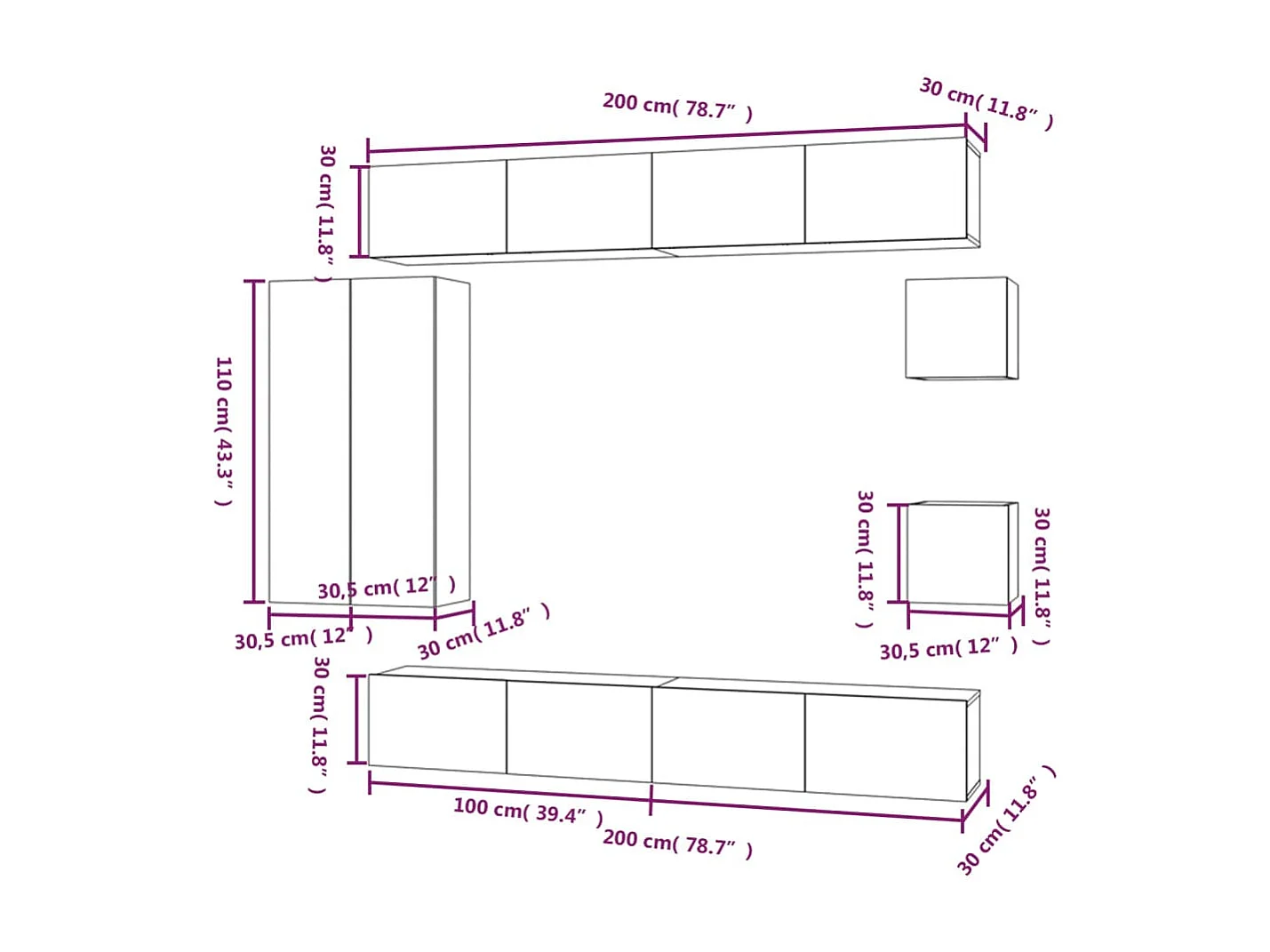 8 pcs conjunto móveis TV derivados de madeira cinzento sonoma