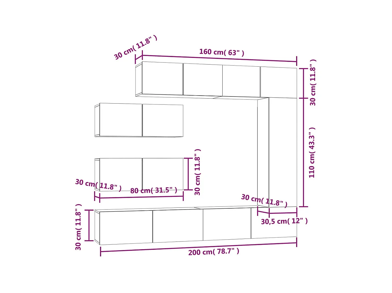 7-tlg. TV-Schrank-Set Räuchereiche Holzwerkstoff