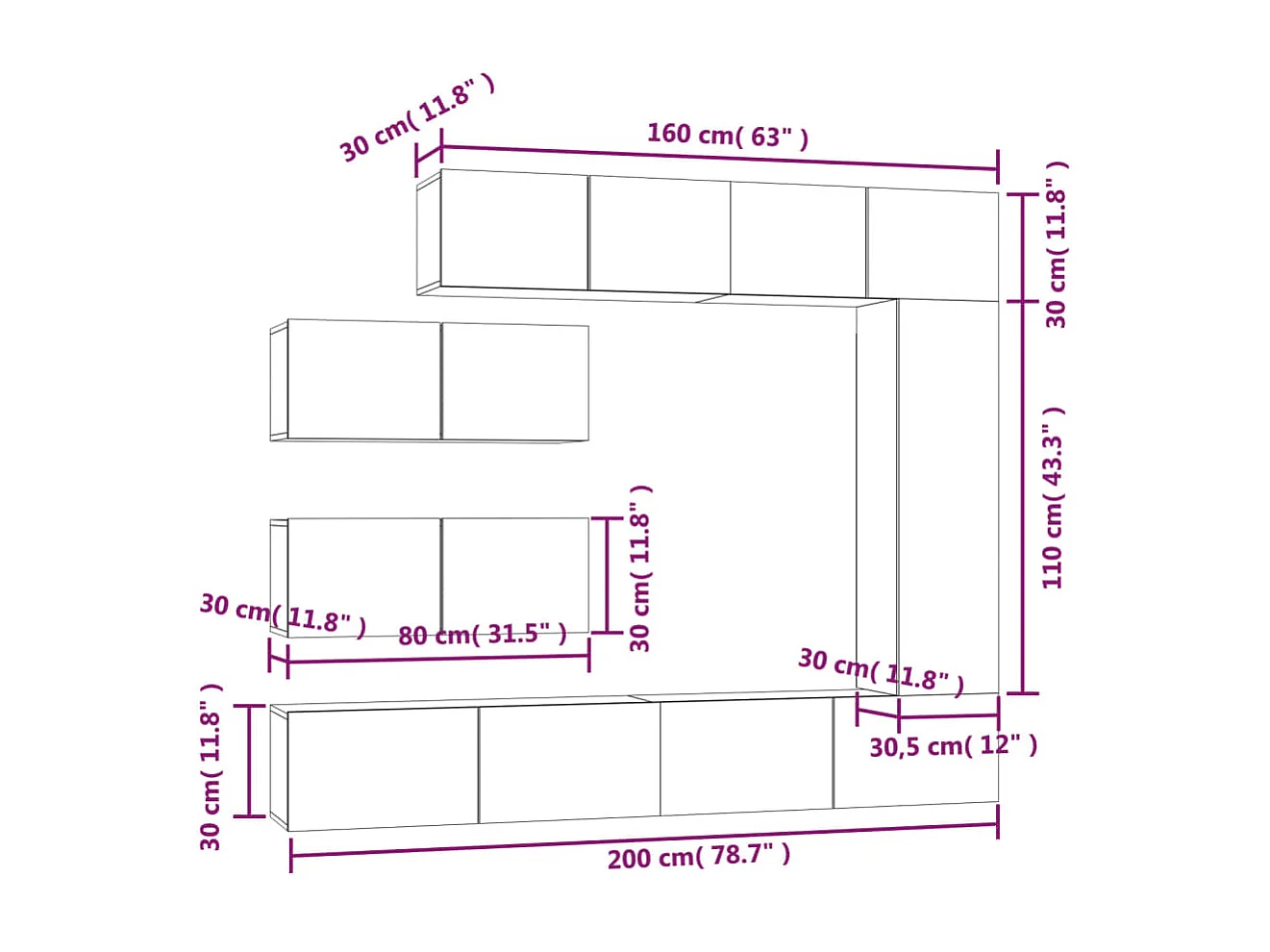 7-tlg. TV-Schrank-Set Räuchereiche Holzwerkstoff