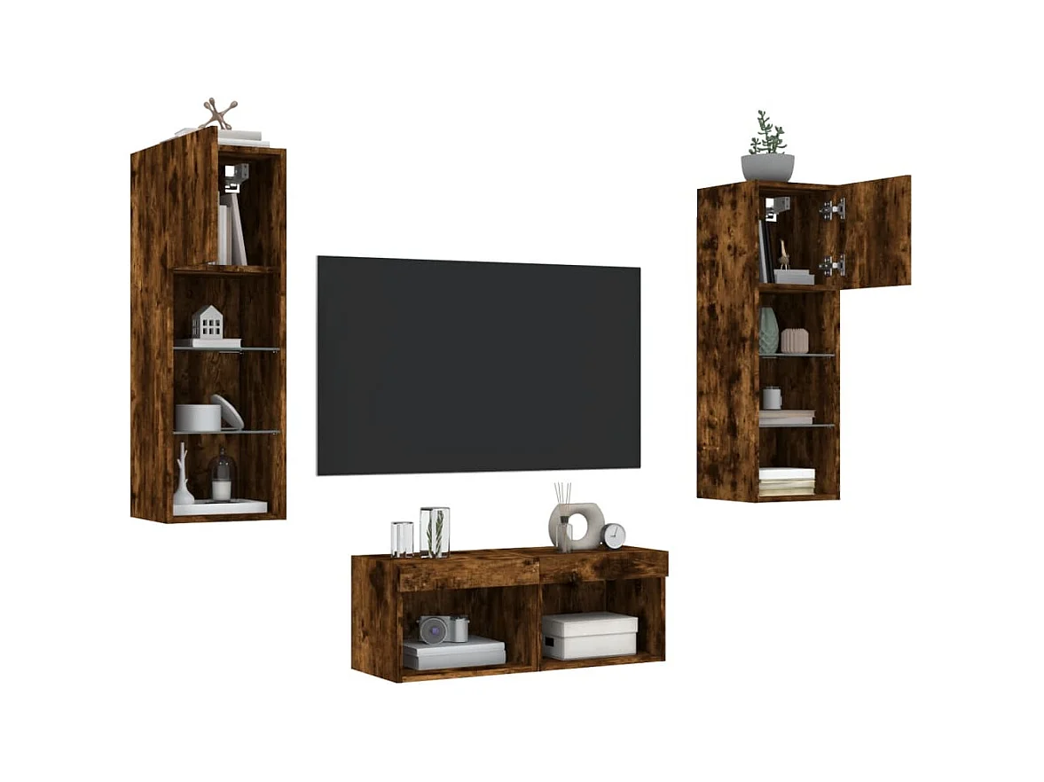 Meuble TV muraux 4 pcs avec lumières LED chêne fumé