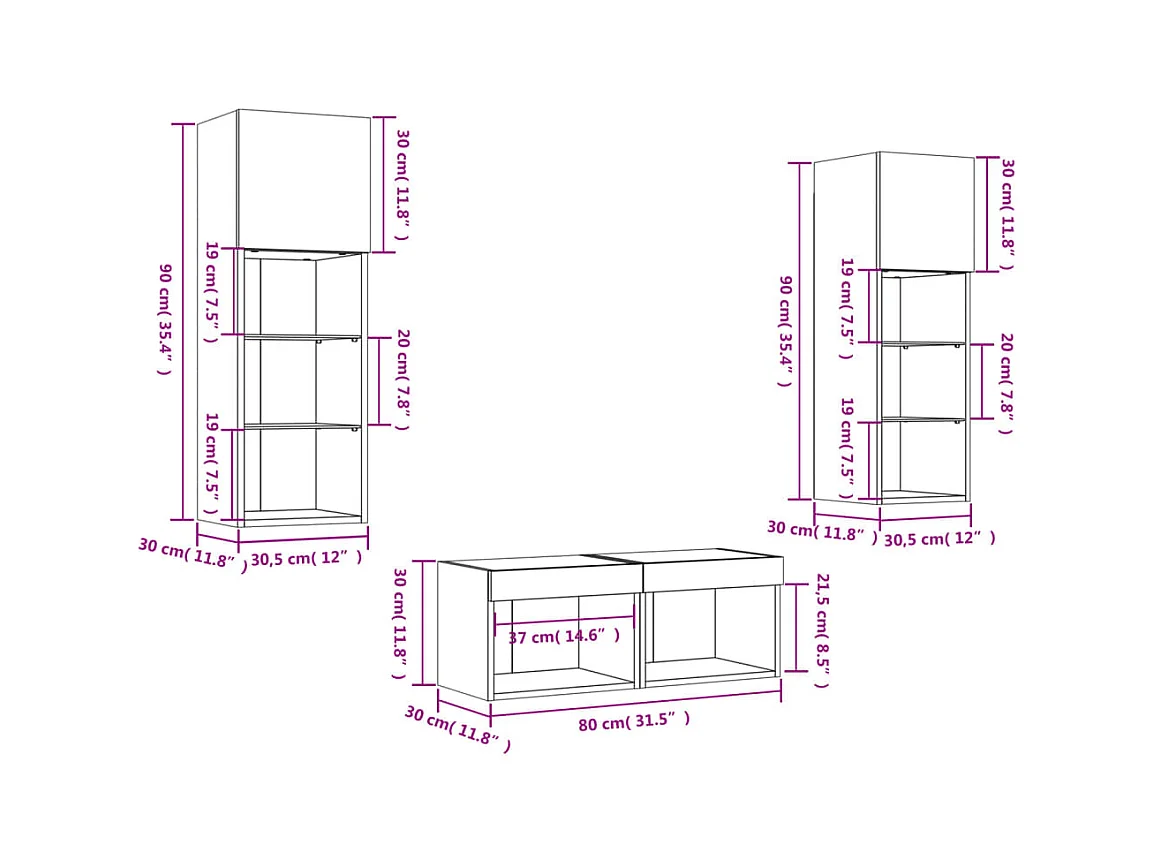 Meuble TV muraux 4 pcs avec lumières LED chêne fumé