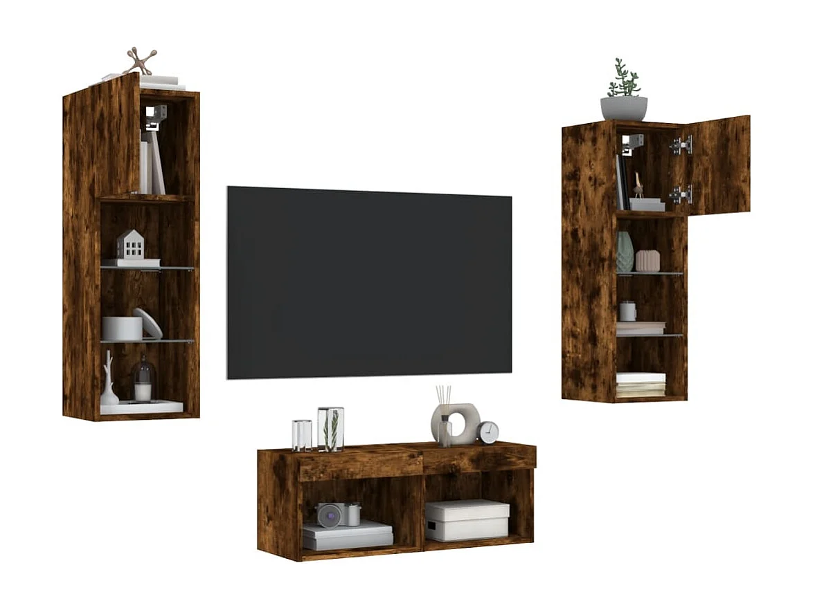Muebles de TV de pared con luces LED 4 piezas roble ahumado