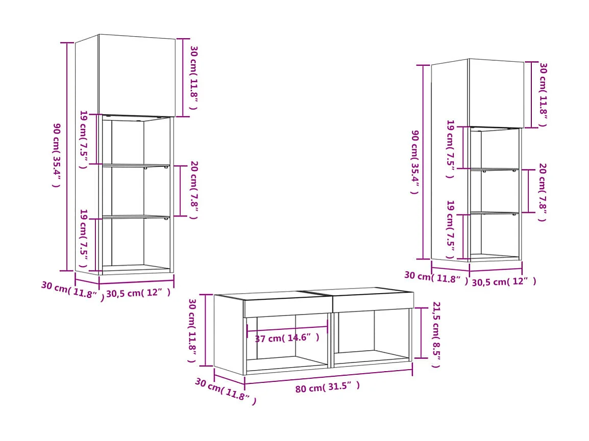 Muebles de TV de pared con luces LED 4 piezas roble ahumado