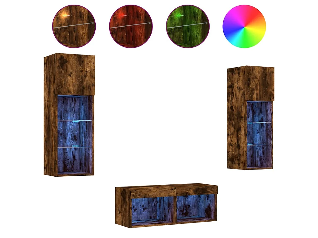 Meuble TV muraux 4 pcs avec lumières LED chêne fumé