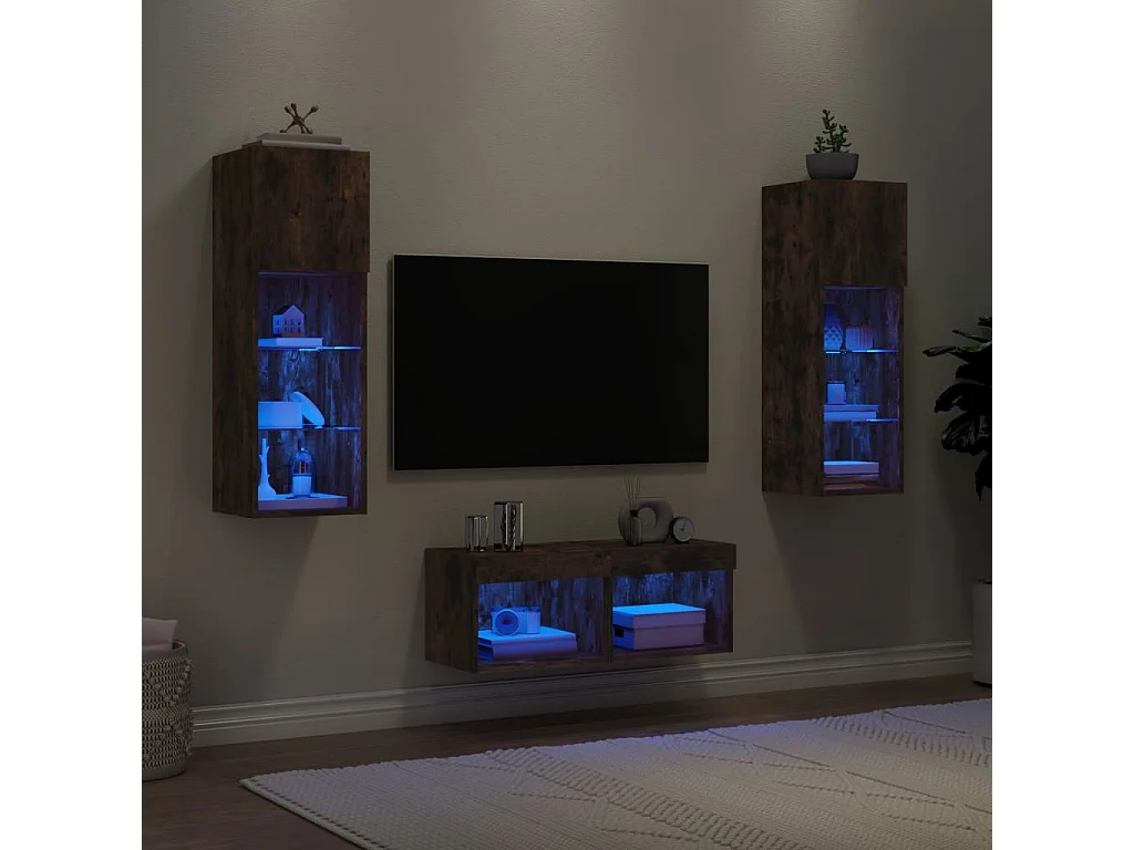 Meuble TV muraux 4 pcs avec lumières LED chêne fumé