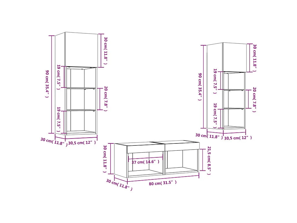 Meuble TV muraux 4 pcs avec lumières LED chêne fumé