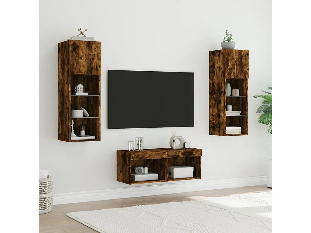 Meuble TV muraux 4 pcs avec lumières LED chêne fumé