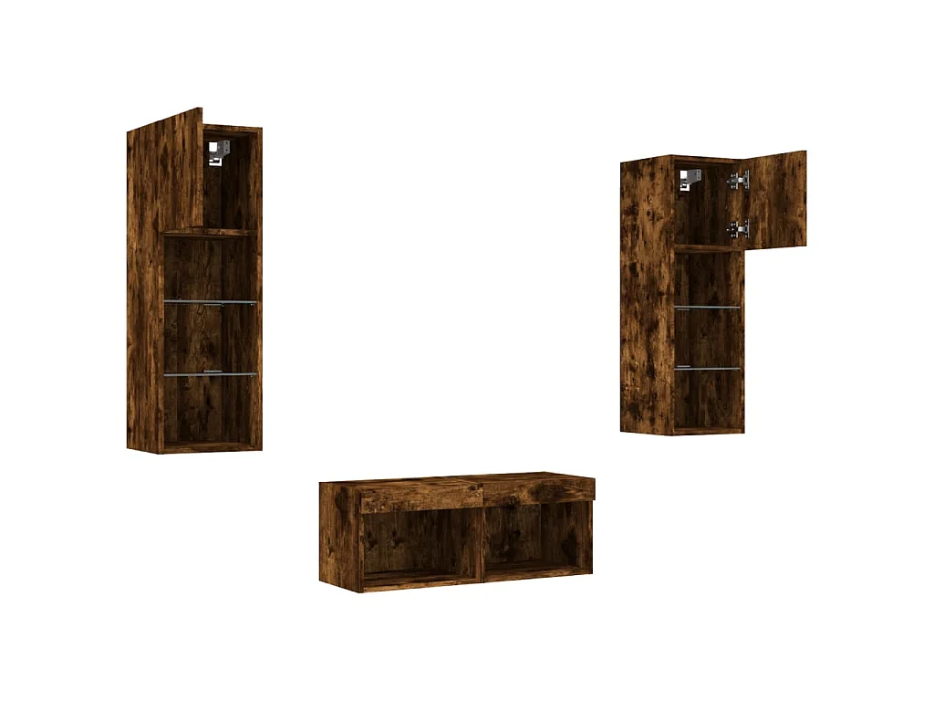 Meuble TV muraux 4 pcs avec lumières LED chêne fumé