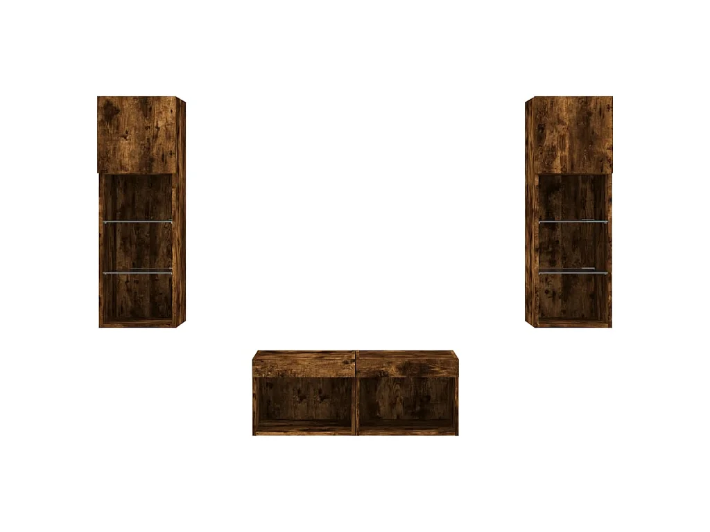 Meuble TV muraux 4 pcs avec lumières LED chêne fumé