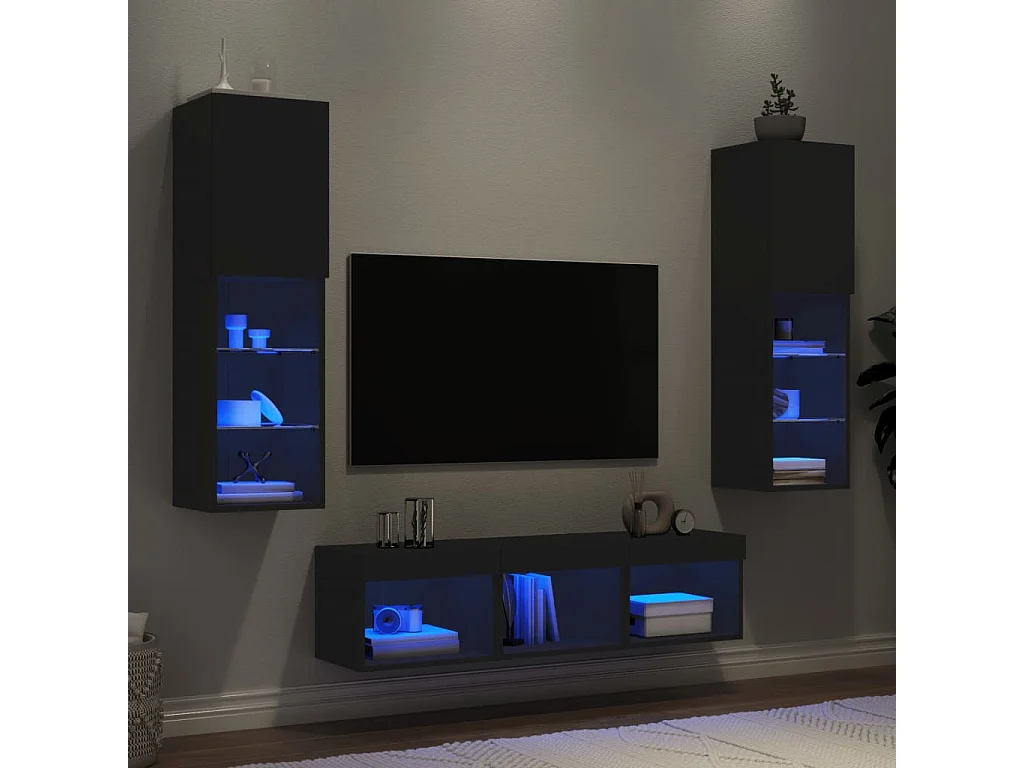 5 pcs móveis de parede p/ TV c/ LEDs derivados de madeira preto