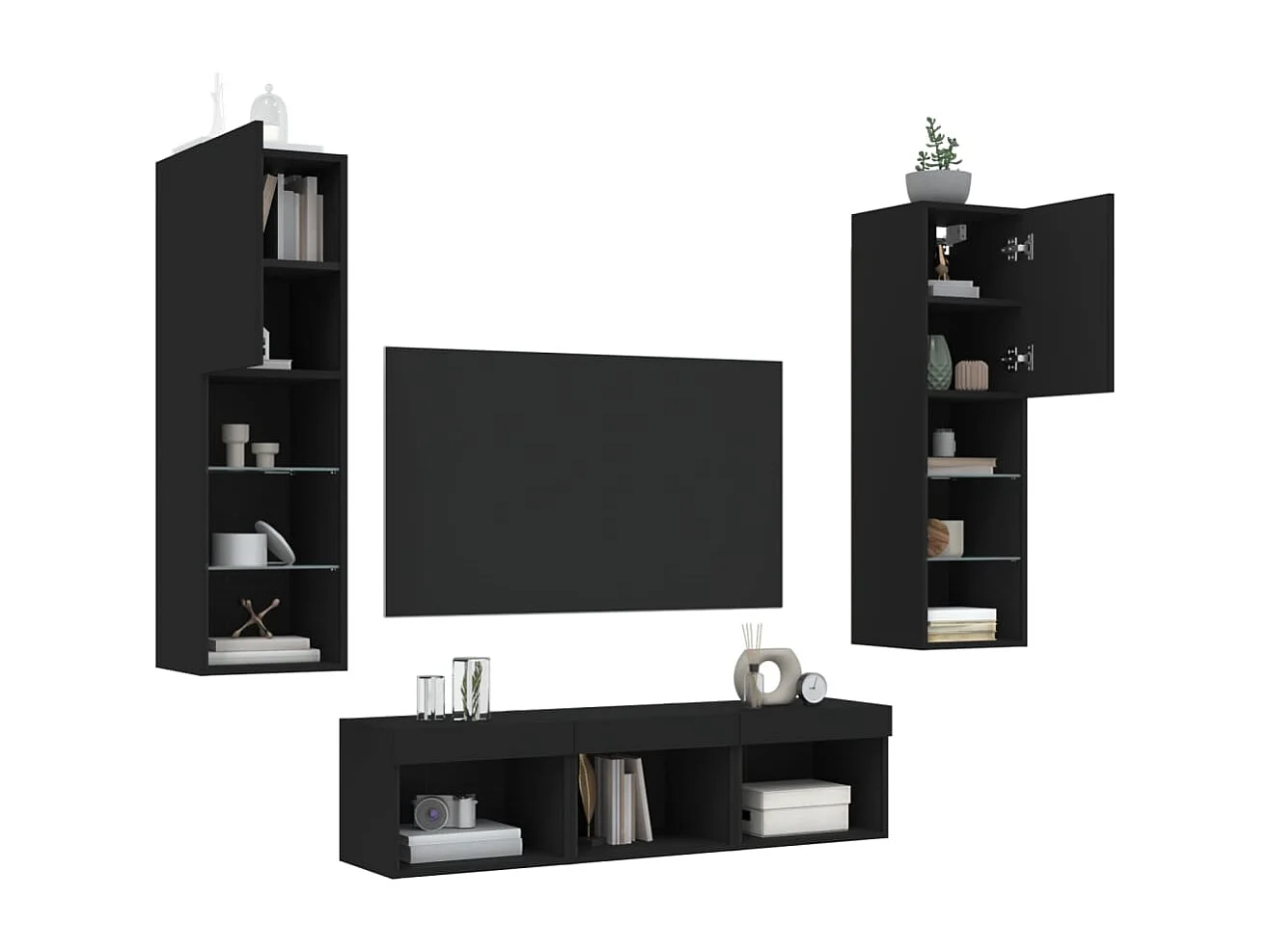 5 pcs móveis de parede p/ TV c/ LEDs derivados de madeira preto
