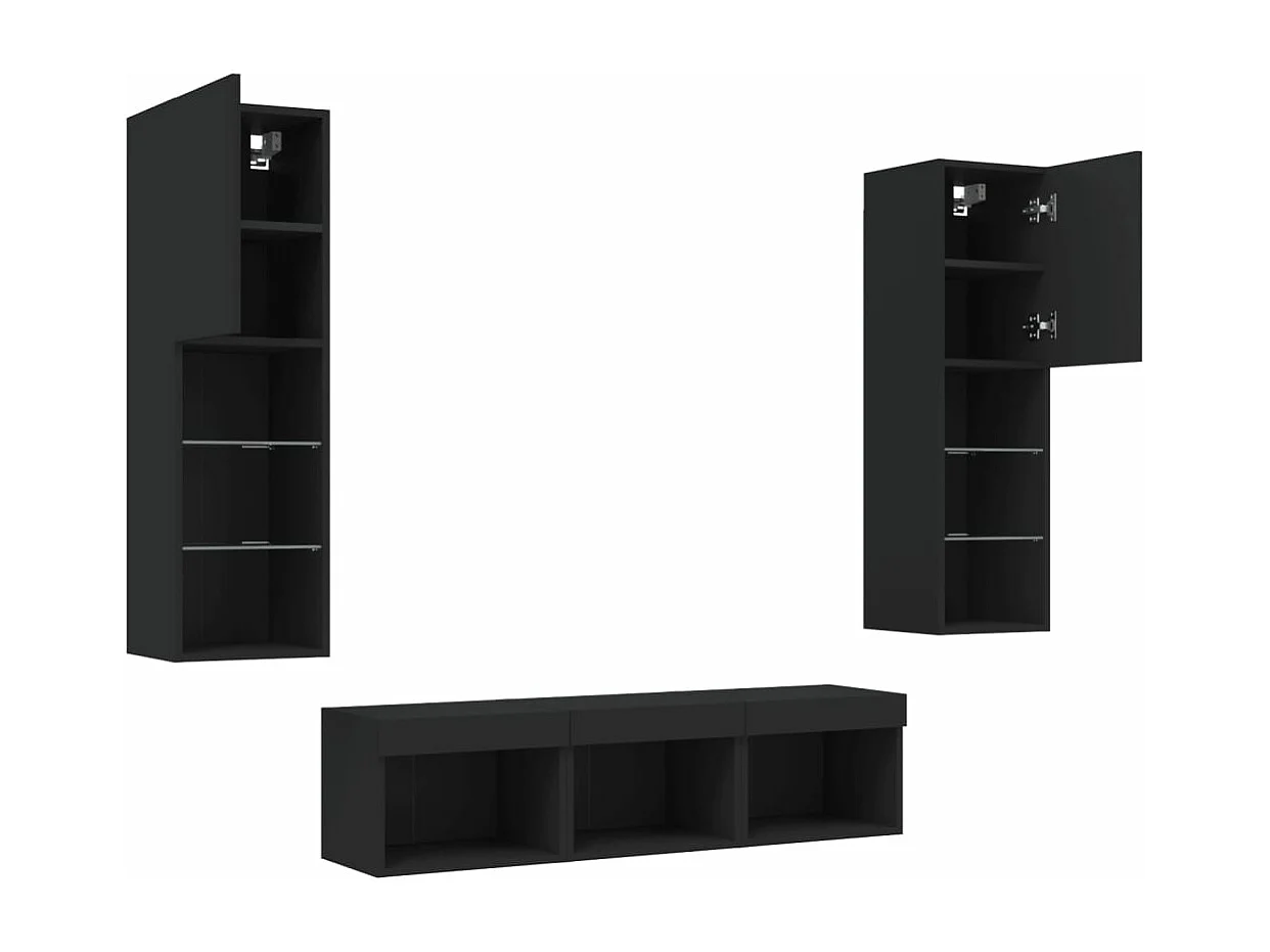 5 pcs móveis de parede p/ TV c/ LEDs derivados de madeira preto