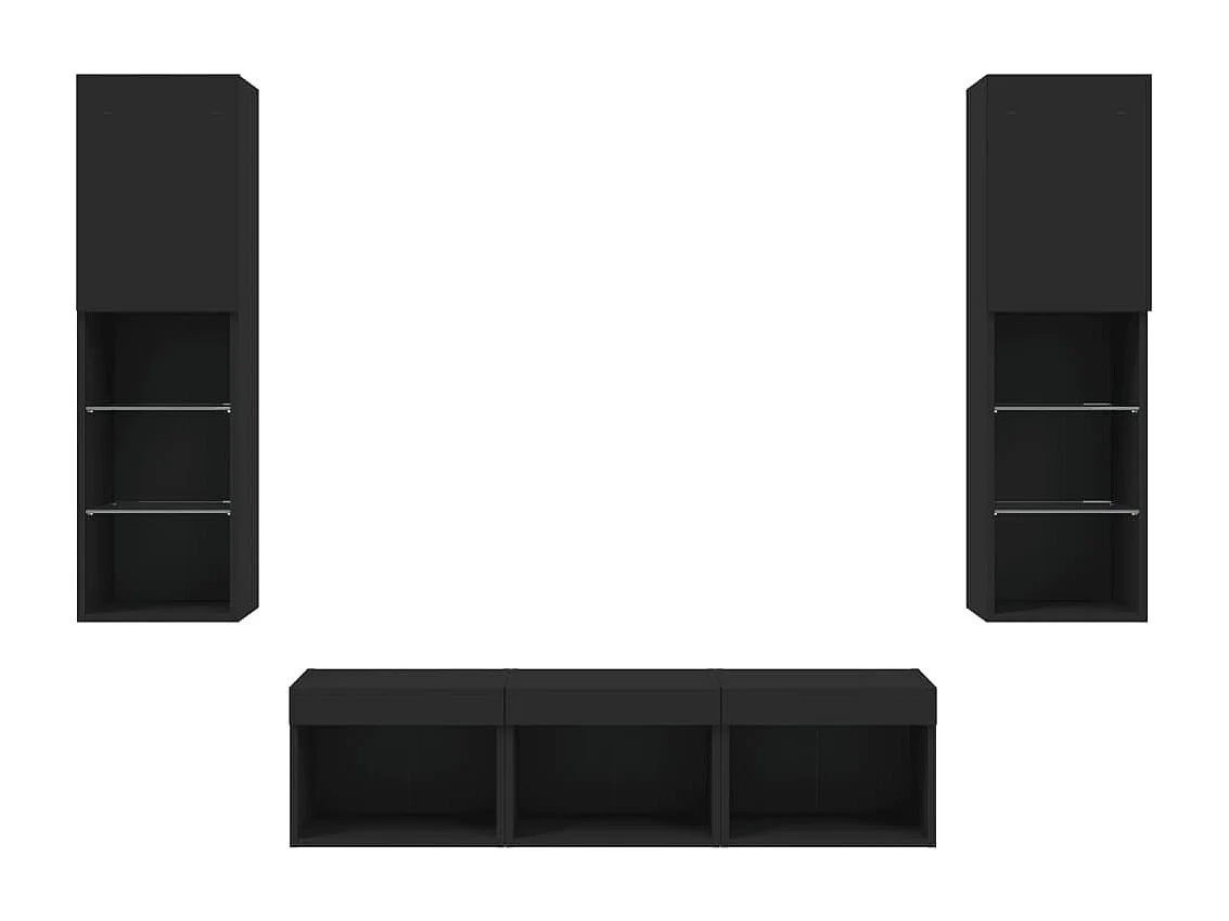 5 pcs móveis de parede p/ TV c/ LEDs derivados de madeira preto