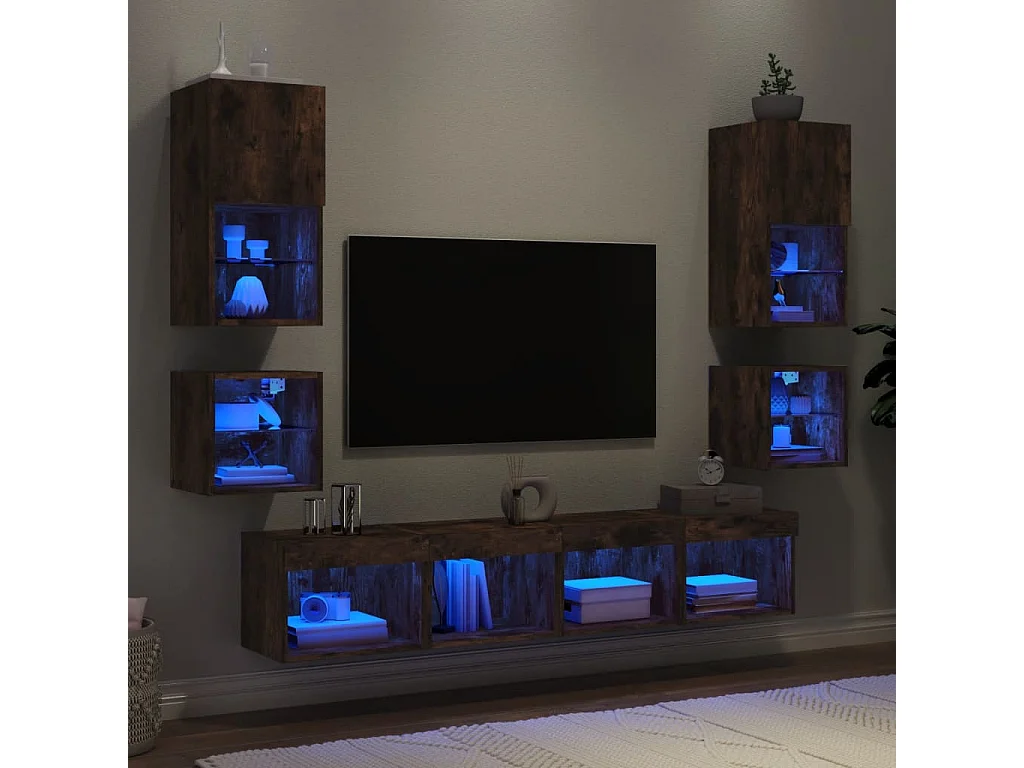 Unités murales TV avec LED 8 pcs chêne fumé bois d'ingénierie