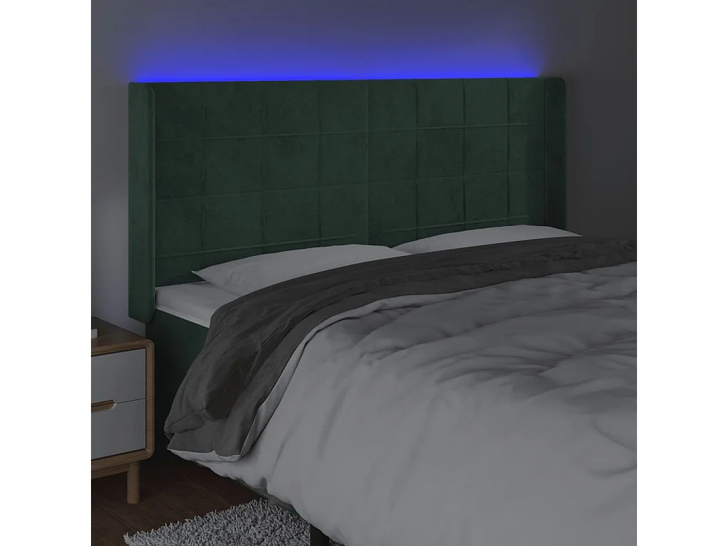 Cabeceira de cama c/ LED veludo 183x16x118/128 cm verde-escuro