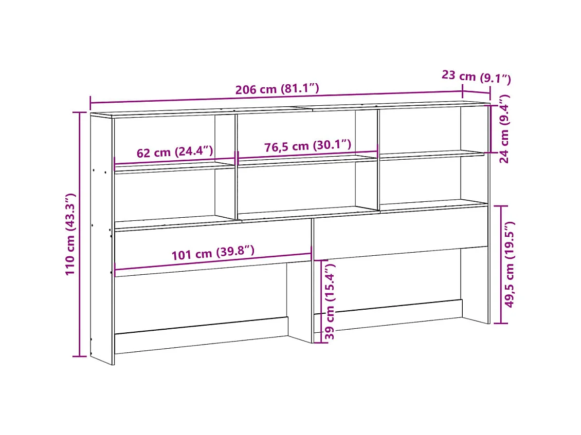 Tête de lit avec rangement cire marron 200cm bois massif de pin
