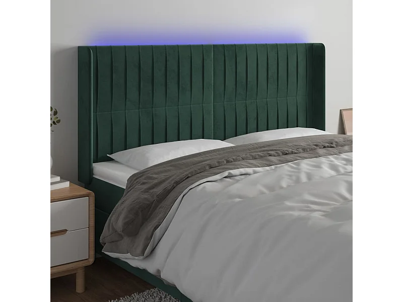 Cabeceira de cama c/ LED veludo 183x16x118/128 cm verde-escuro