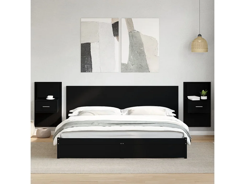 Hoofdbord met kastjes 200 cm bewerkt hout zwart