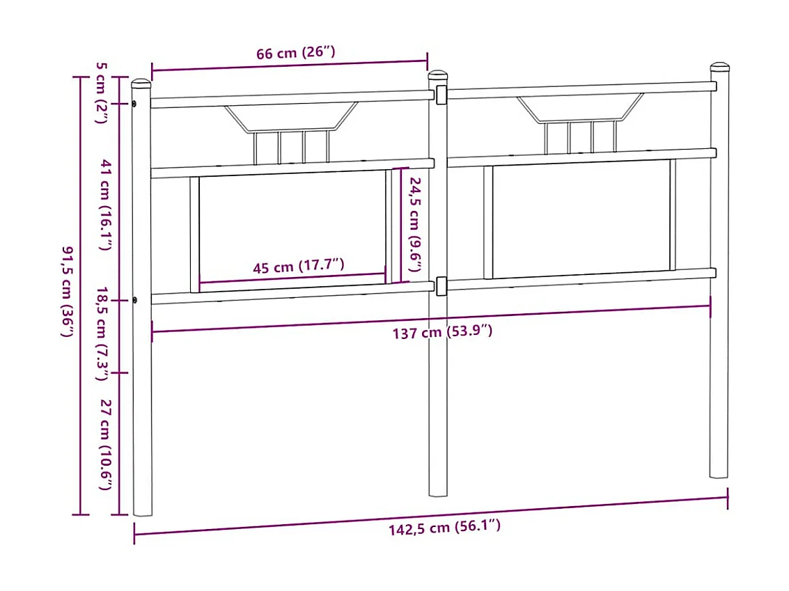 Hoofdeinde 137 cm spaanplaat bewerkt hout staal bruin eiken