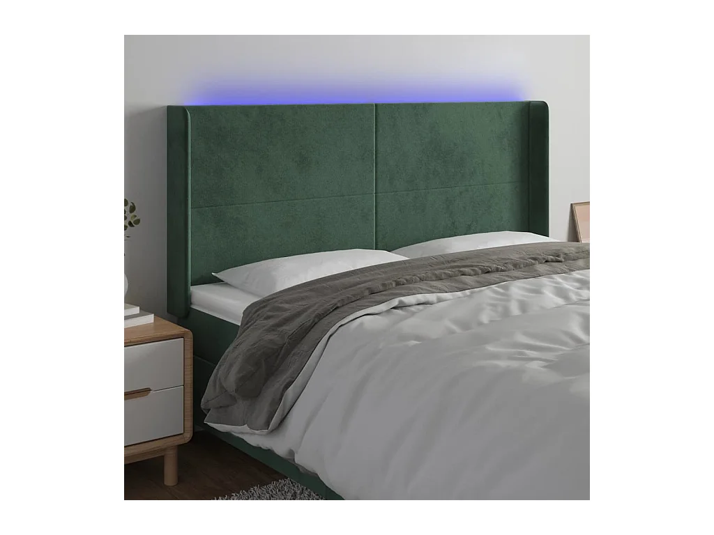 Cabeceira de cama c/ LED veludo 183x16x118/128 cm verde-escuro