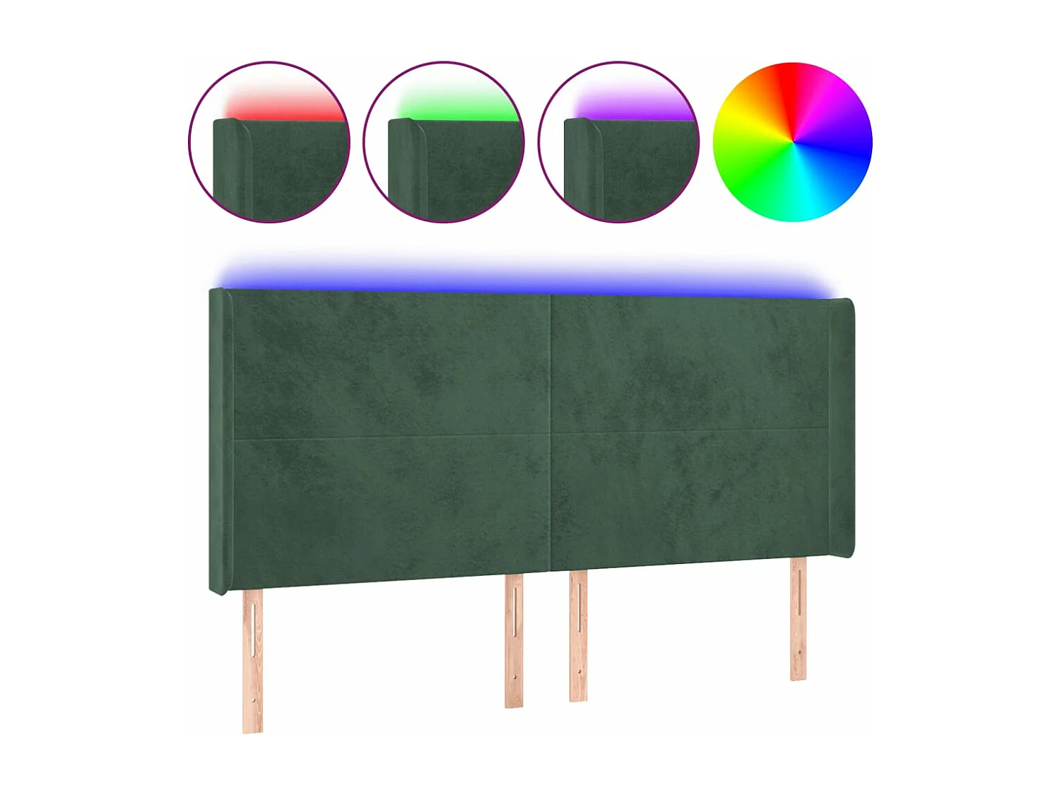 Cabeceira de cama c/ LED veludo 183x16x118/128 cm verde-escuro