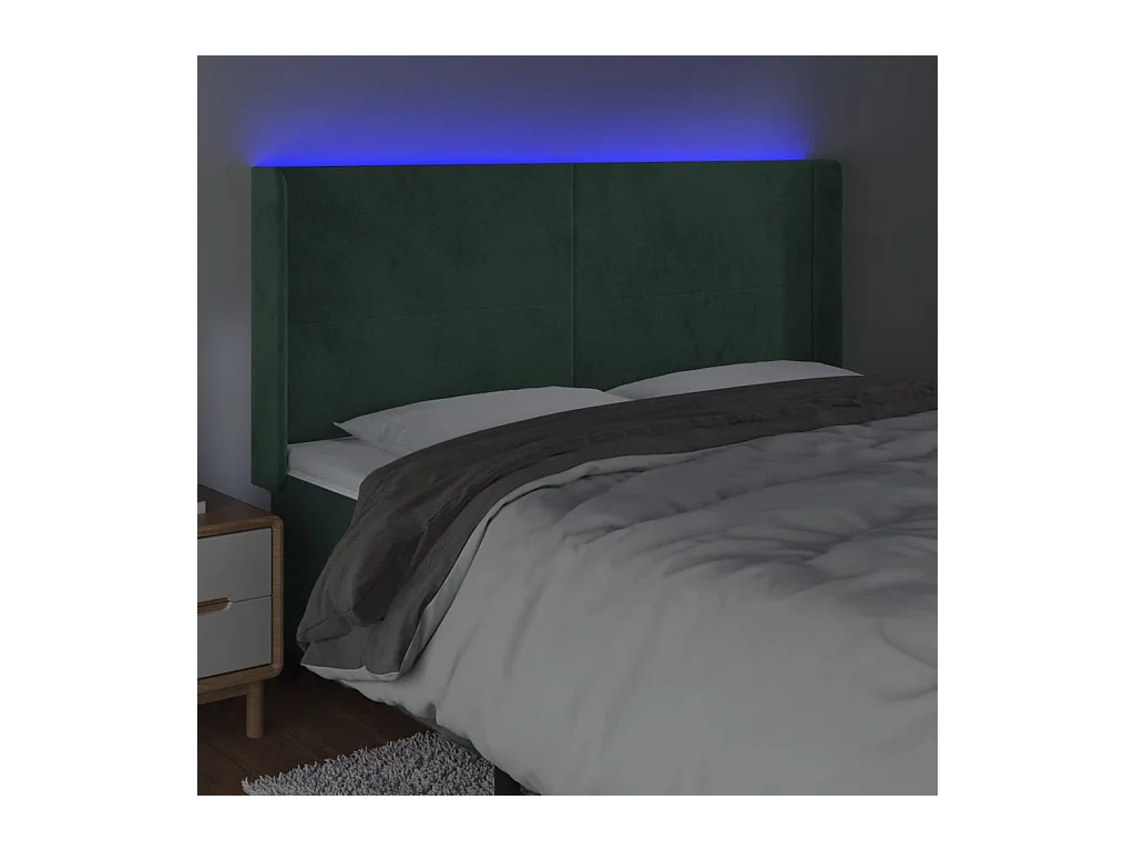 Cabeceira de cama c/ LED veludo 183x16x118/128 cm verde-escuro