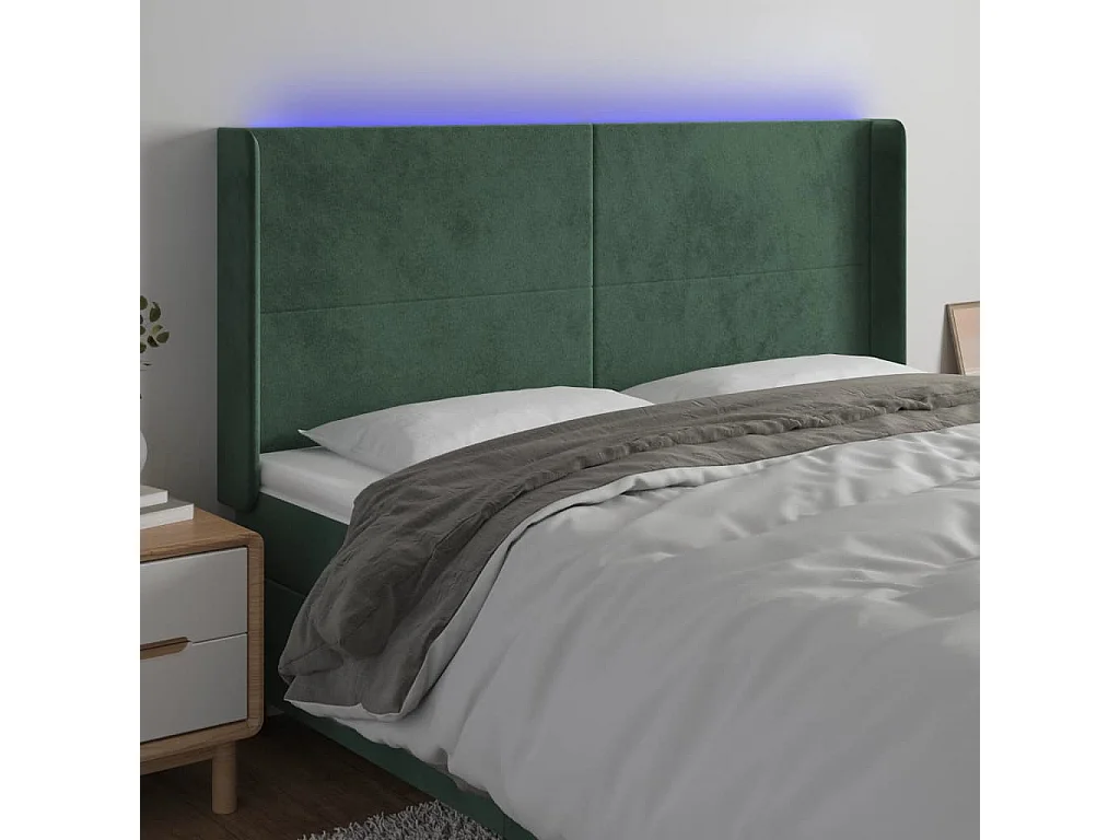 Cabeceira de cama c/ LED veludo 183x16x118/128 cm verde-escuro