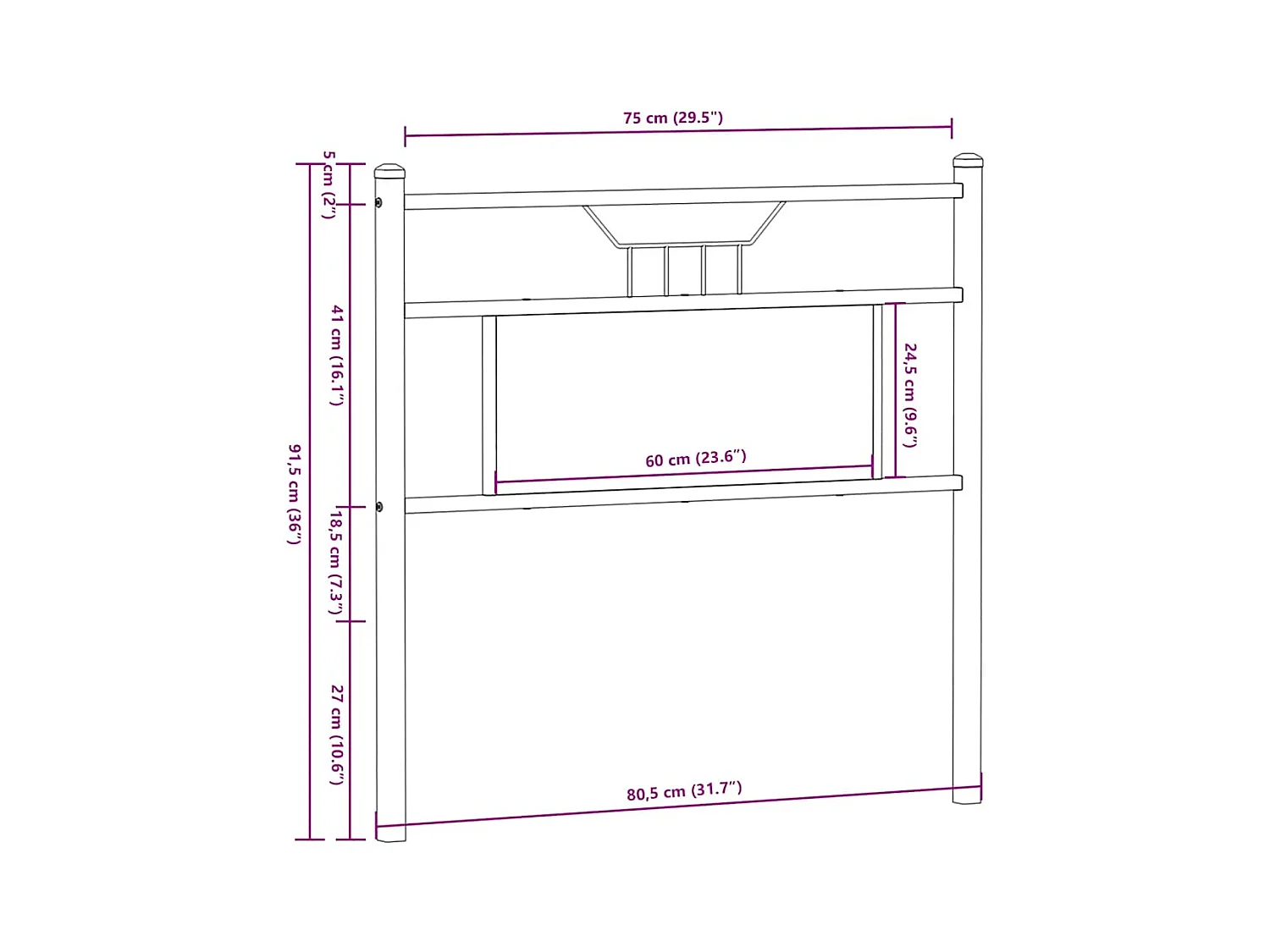 Hoofdbord 75 cm bewerkt hout en staal gerookt eikenkleurig