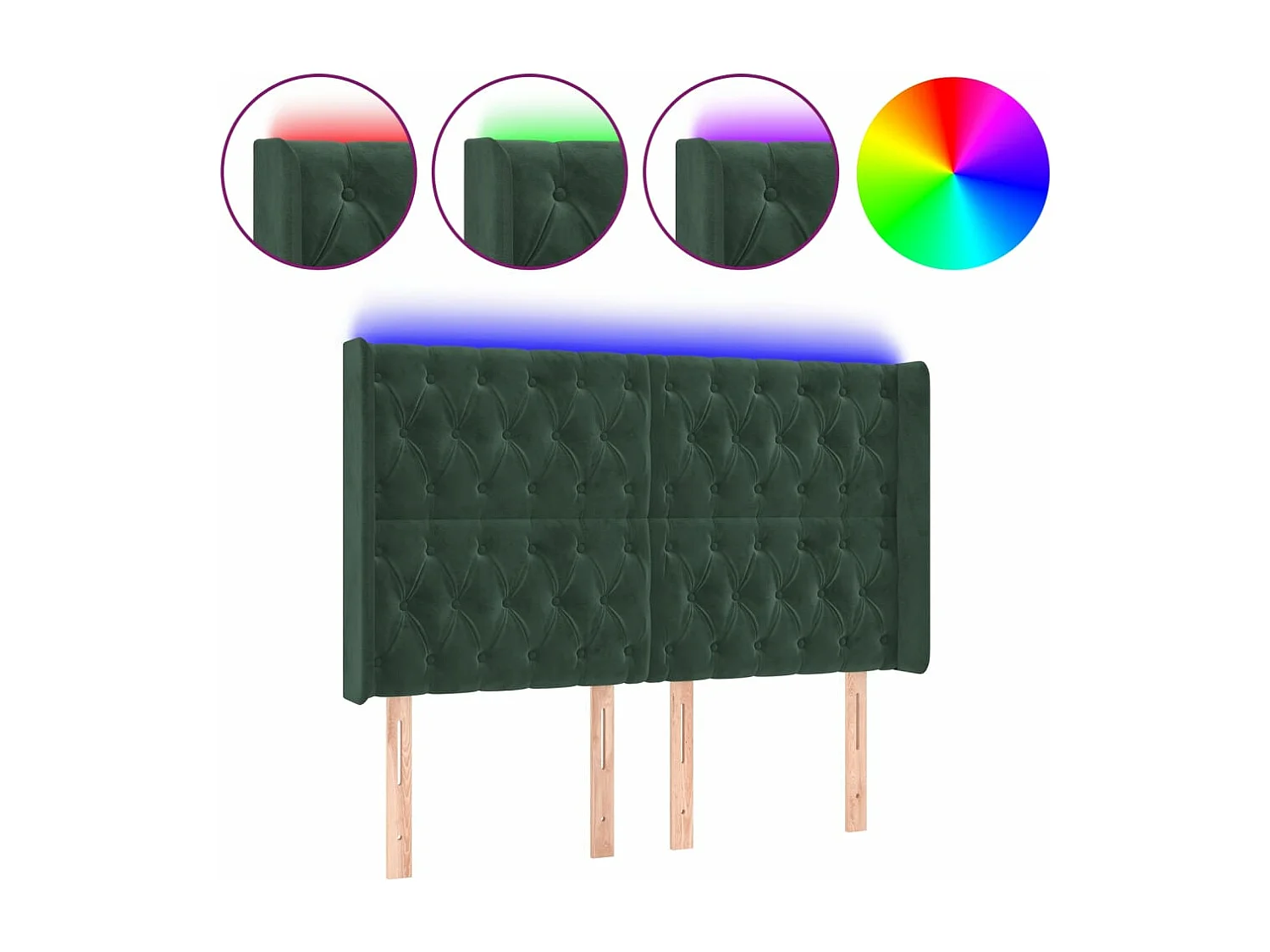 Cabeceira de cama c/ LED veludo 163x16x118/128 cm verde-escuro