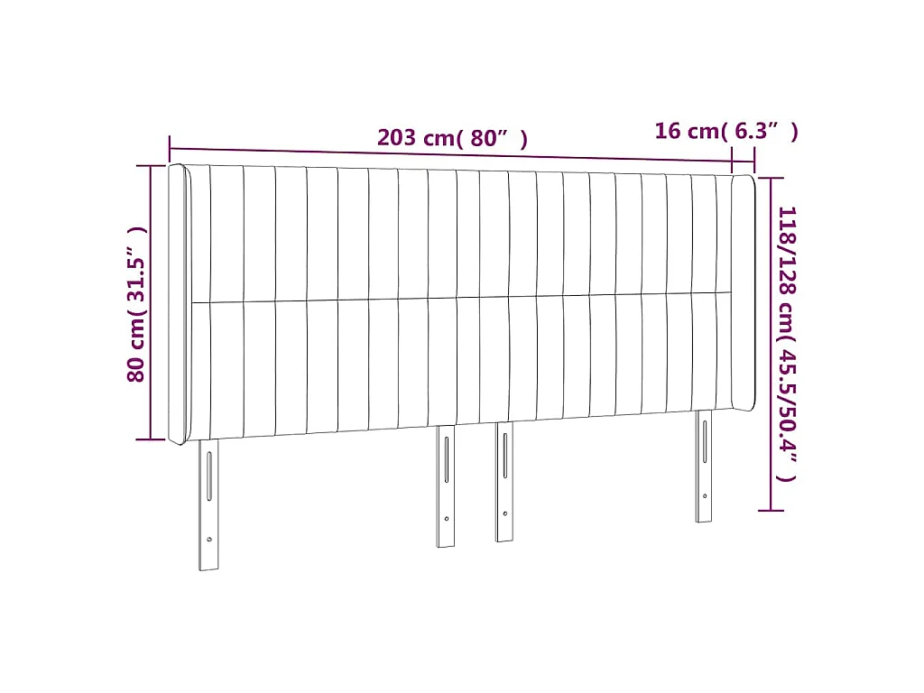 Hoofdbord met randen 203x16x118/128 cm stof crèmekleurig