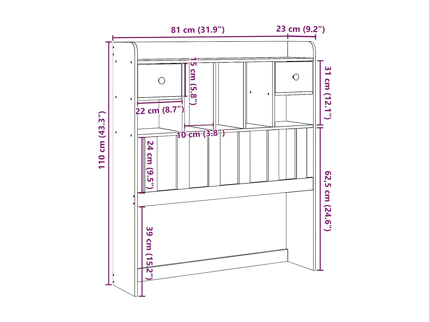 Tête de lit avec rangement 75 cm bois massif de pin