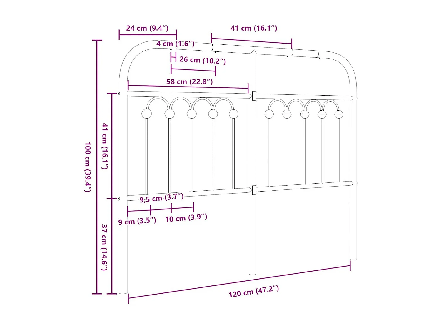 Vervangend hoofdbord 120 cm metaal zwart
