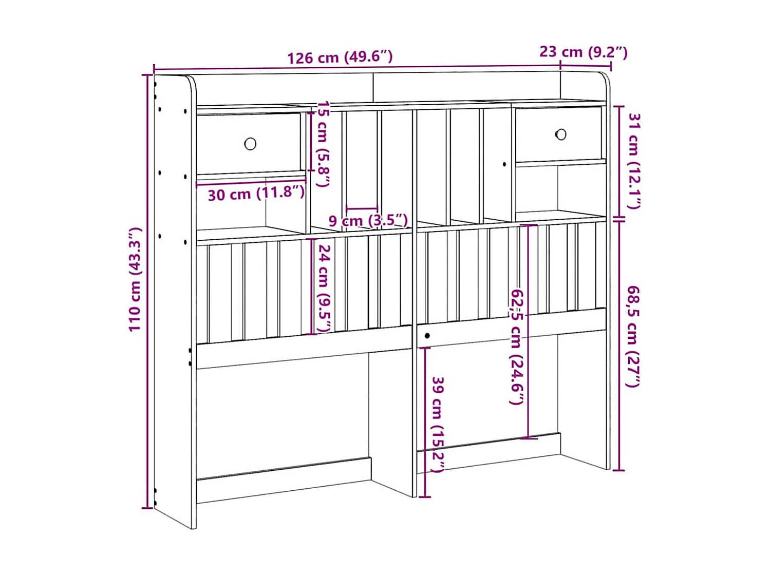 Tête de lit avec rangement cire marron 120cm bois massif de pin