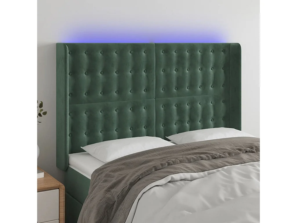 Cabeceira de cama c/ LED veludo 147x16x118/128 cm verde-escuro