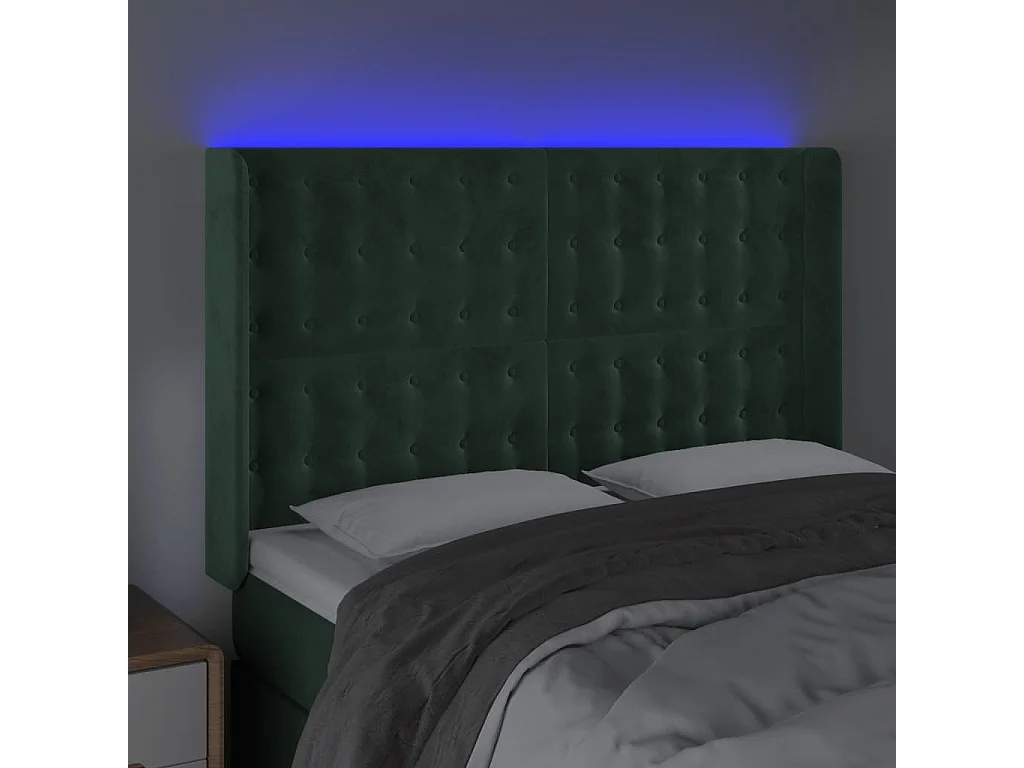 Cabeceira de cama c/ LED veludo 147x16x118/128 cm verde-escuro