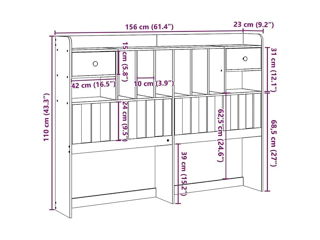 Tête de lit avec rangement cire marron 150cm bois massif de pin