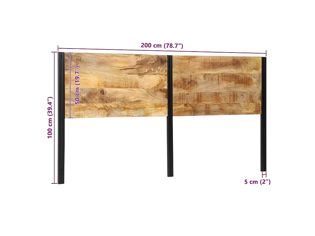 Tête de lit 200 cm bois massif manguier et fer