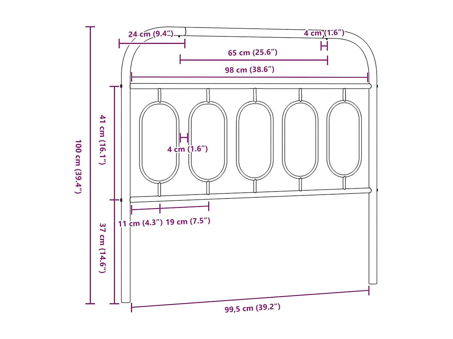 Tête de lit de remplacement métal noir 100 cm