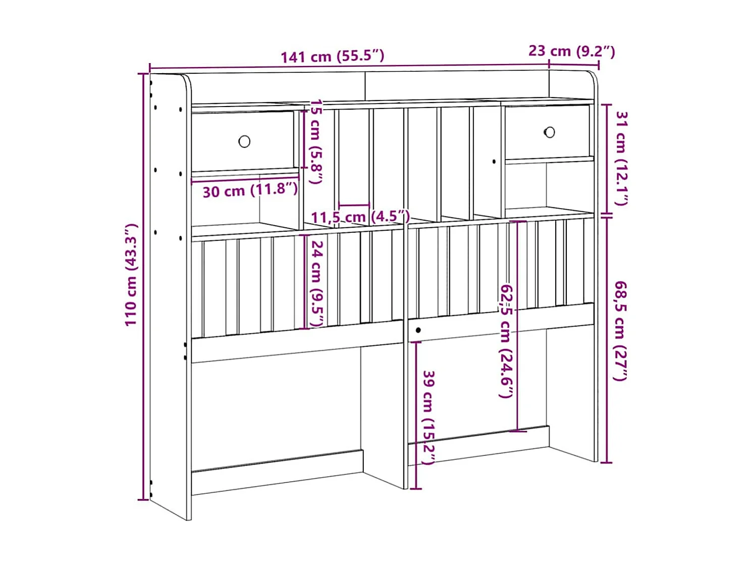 Hoofdbord met opbergruimte 135 cm massief grenenhout wit