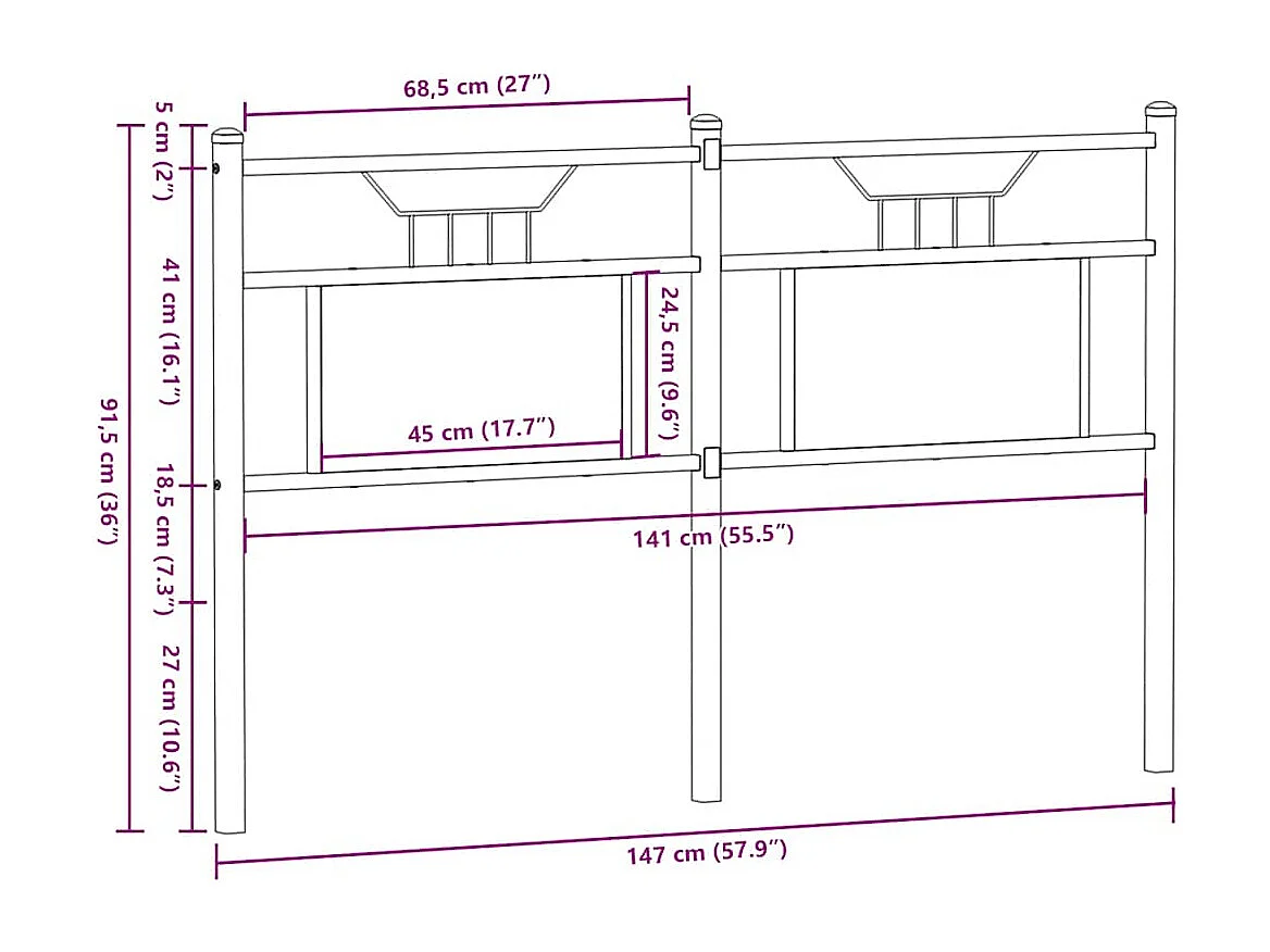 Hoofdbord 140 cm bewerkt hout en staal gerookt eikenkleurig
