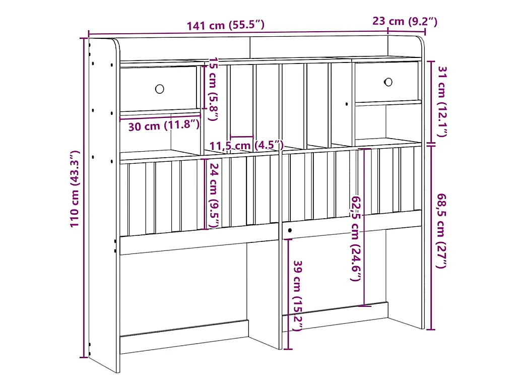 Tête de lit avec rangement cire marron 135cm bois massif de pin