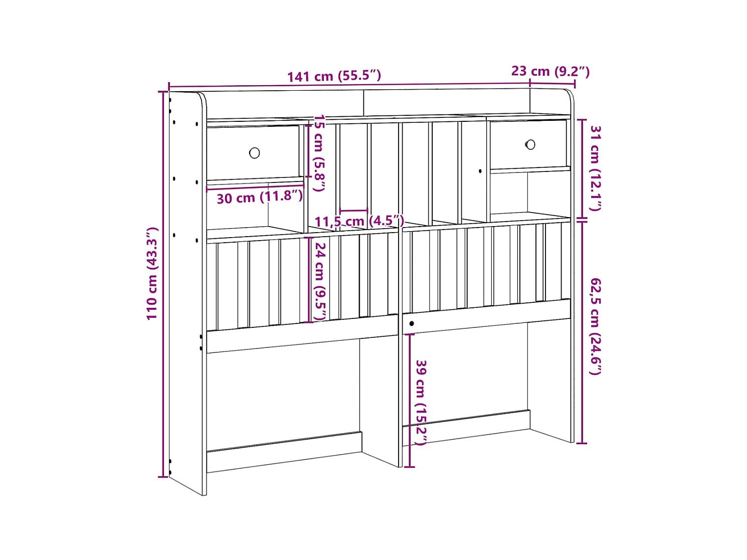 Tête de lit avec rangement 135 cm bois massif de pin