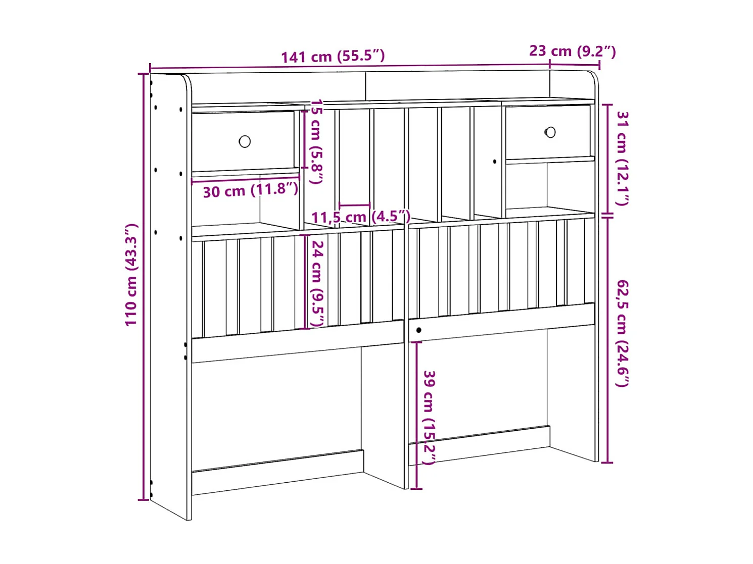 Tête de lit avec rangement 135 cm bois massif de pin