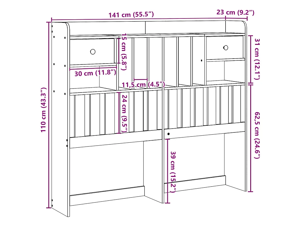 Tête de lit avec rangement 135 cm bois massif de pin
