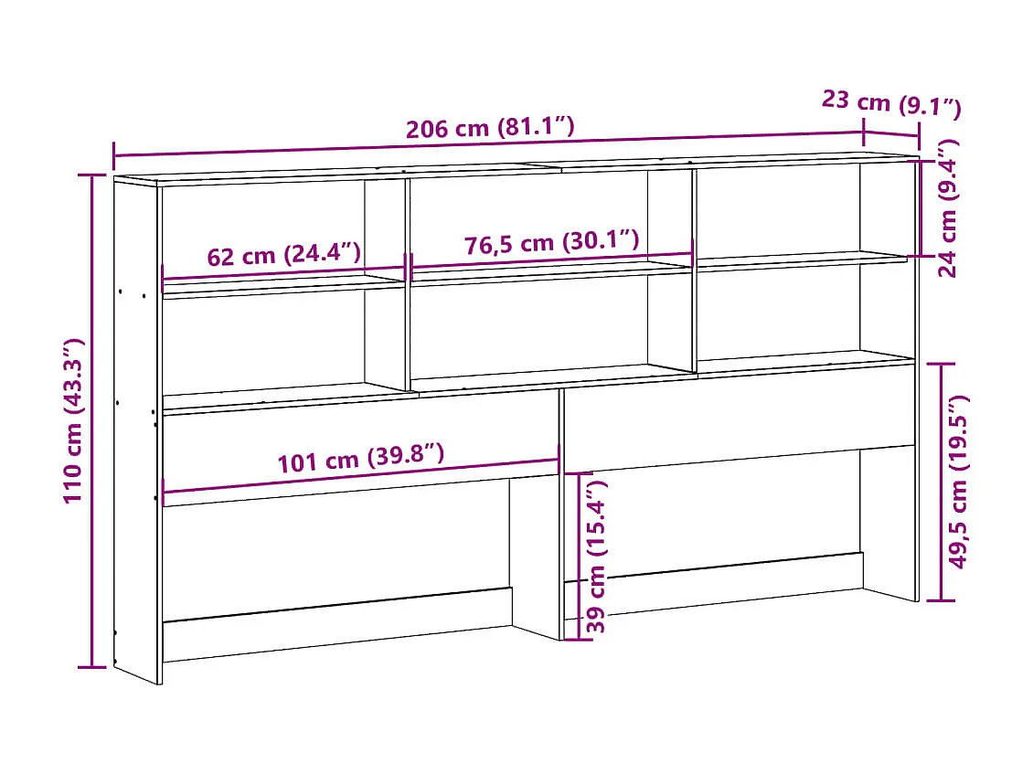 Cabeceira com arrumação 200 cm madeira de pinho maciça branco