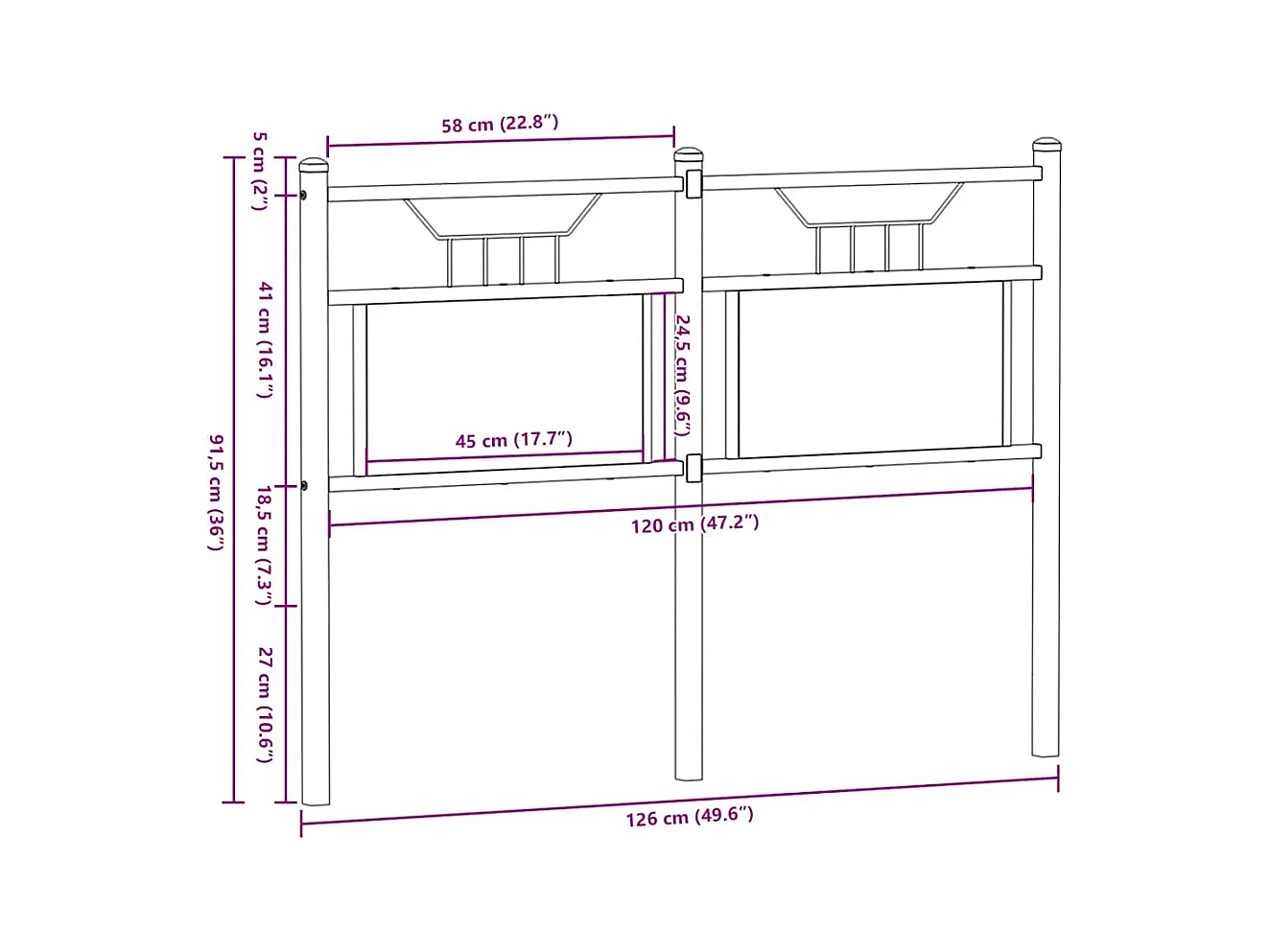 Hoofdbord 120 cm bewerkt hout en staal bruin eikenkleurig