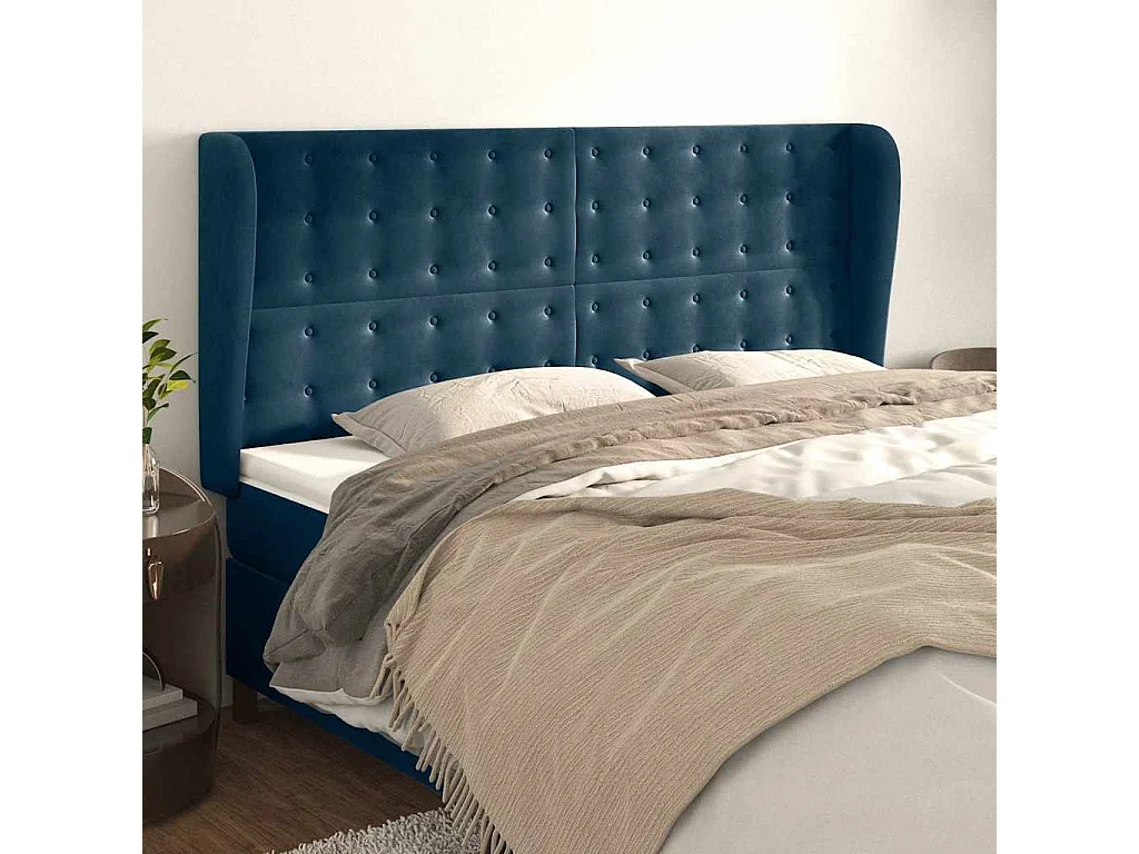 Hoofdbord met randen 163x23x118/128 cm fluweel donkerblauw