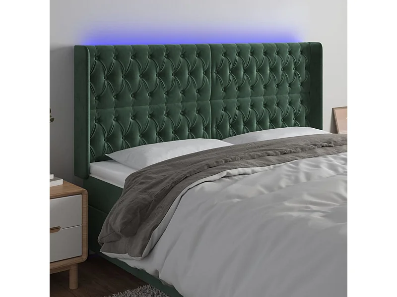Cabeceira de cama c/ LED veludo 183x16x118/128 cm verde-escuro